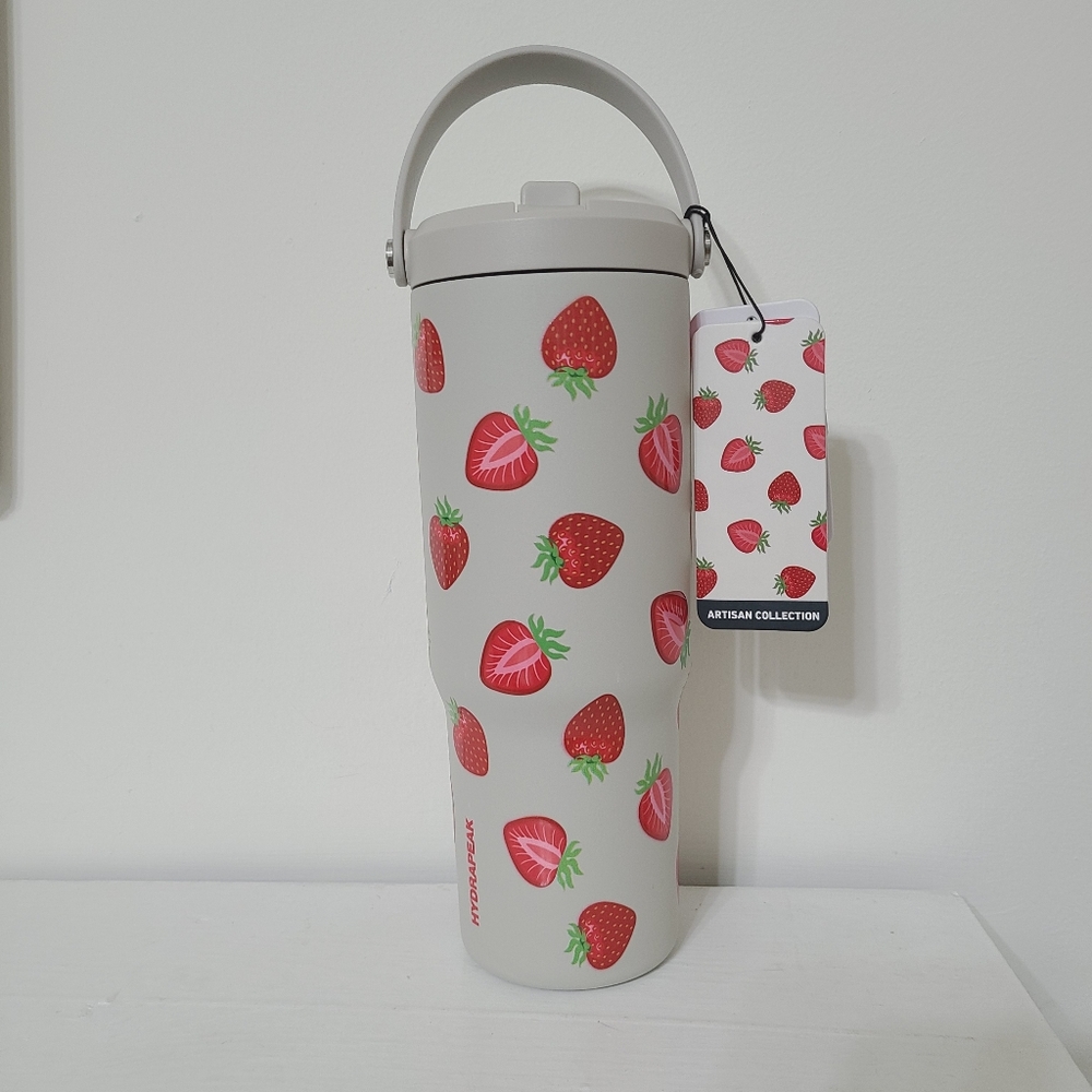 NWT HydraPeak Artisan Collection Strawberry Print Water Bottle 32 oz Flip Straw - Picture 3 of 5